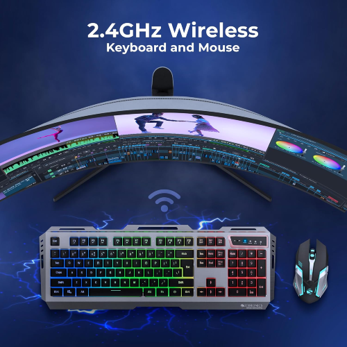 ZEBRONICS Transformer PRO Gaming Wireless Keyboard & Mouse Combo with 2.4GHz, Aluminum Body, Built in Battery, Multicolor LED Modes, Type C