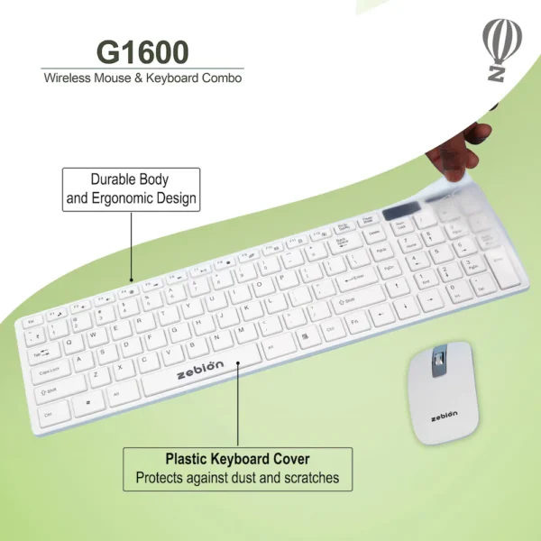 ZEBION G1600 Wireless Keyboard Mouse Combo with Nano Receiver, Slim, Ergonomic chiclet Design-White