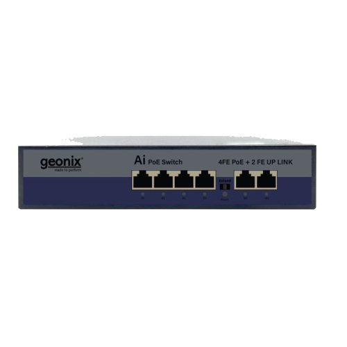 Geonix 4 Port PoE Switch | 4 PoE + 2 Uplink | 250m Transmission | 75W Power