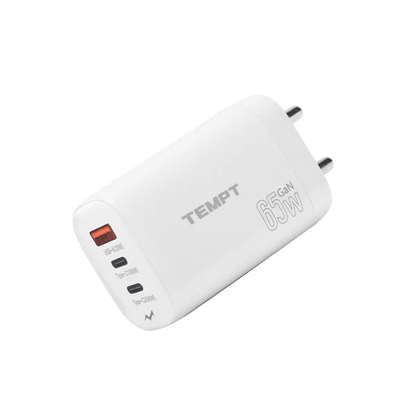 Tempt Alpha 65W 3-Port GaN Fast Charger Adapter | Dual Type-C PD + USB QC 3.0 | Multiport Smart Charging Adaptor