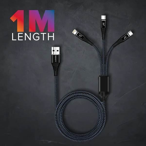 Tempt Infinity 3-in-1 Universal Cable | Fast Charging & Data Transfer | Type-C, Micro USB & Lightning | 1.5m Braided Cable Tempt Infinity 3-in-1 Universal Cable | Fast Charging & Data Transfer | Type-C, Micro USB & Lightning | 1.5m Braided Cable