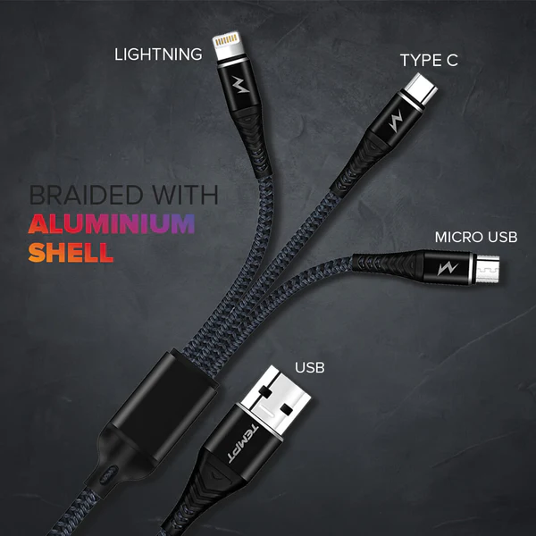 Tempt Infinity 3-in-1 Universal Cable | Fast Charging & Data Transfer | Type-C, Micro USB & Lightning | 1.5m Braided Cable Tempt Infinity 3-in-1 Universal Cable | Fast Charging & Data Transfer | Type-C, Micro USB & Lightning | 1.5m Braided Cable