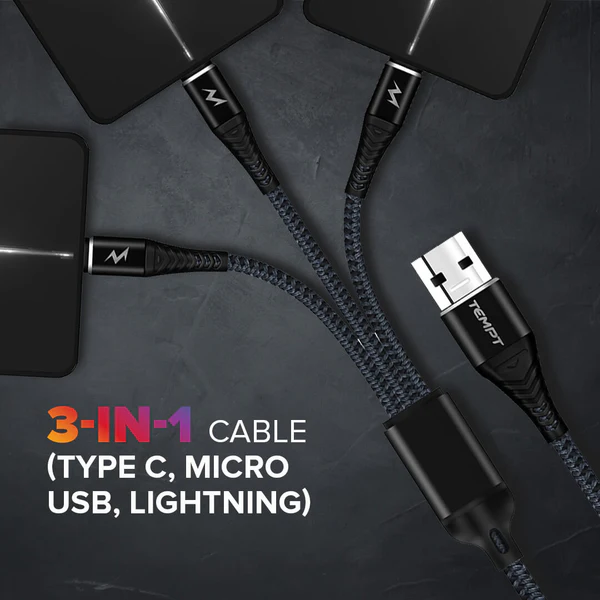 Tempt Infinity 3-in-1 Universal Cable | Fast Charging & Data Transfer | Type-C, Micro USB & Lightning | 1.5m Braided Cable Tempt Infinity 3-in-1 Universal Cable | Fast Charging & Data Transfer | Type-C, Micro USB & Lightning | 1.5m Braided Cable