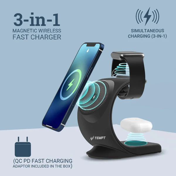 Tempt Arc 3-in-1 MagSafe Wireless Charger | 15W Fast Charging Station | All-in-One Apple Wireless Charging Dock Tempt Arc 3-in-1 MagSafe Wireless Charger | 15W Fast Charging Station | All-in-One Apple Wireless Charging Dock