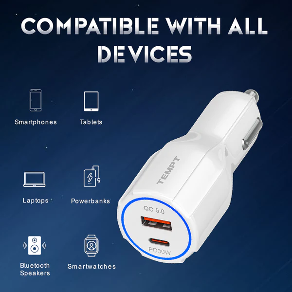 Tempt Thunderbolt 60W Car Charger | Dual Port USB & Type-C | Quick Charge Power Delivery (QCPD) | Fast Charging with Multi-Layer Protection Tempt Thunderbolt 60W Car Charger | Dual Port USB & Type-C | Quick Charge Power Delivery (QCPD) | Fast Charging with Multi-Layer Protection
