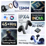 Mivi DuoPods i2 True Wireless Earbuds - 45H+ Playtime, HD Calls, Fast Charging, 13mm Bass Drivers, IPX4 Sweatproof, v5.3 Bluetooth in Ear Ear Buds Wireless, Made in India