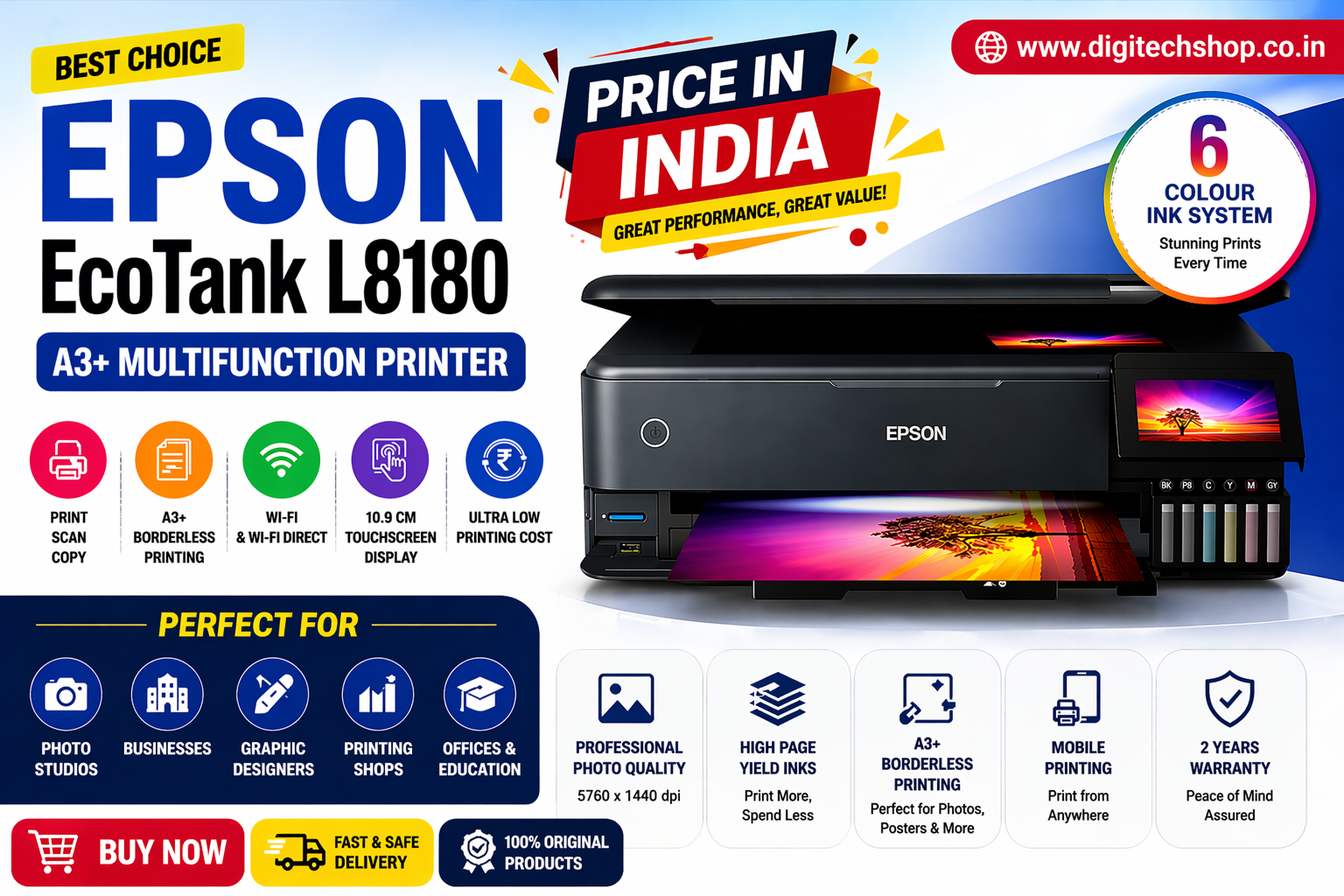 Epson EcoTank L8180 A3+ Multifunction Printer Price in India 6 Colour Ink Tank Wireless Photo Printer Digitechshop